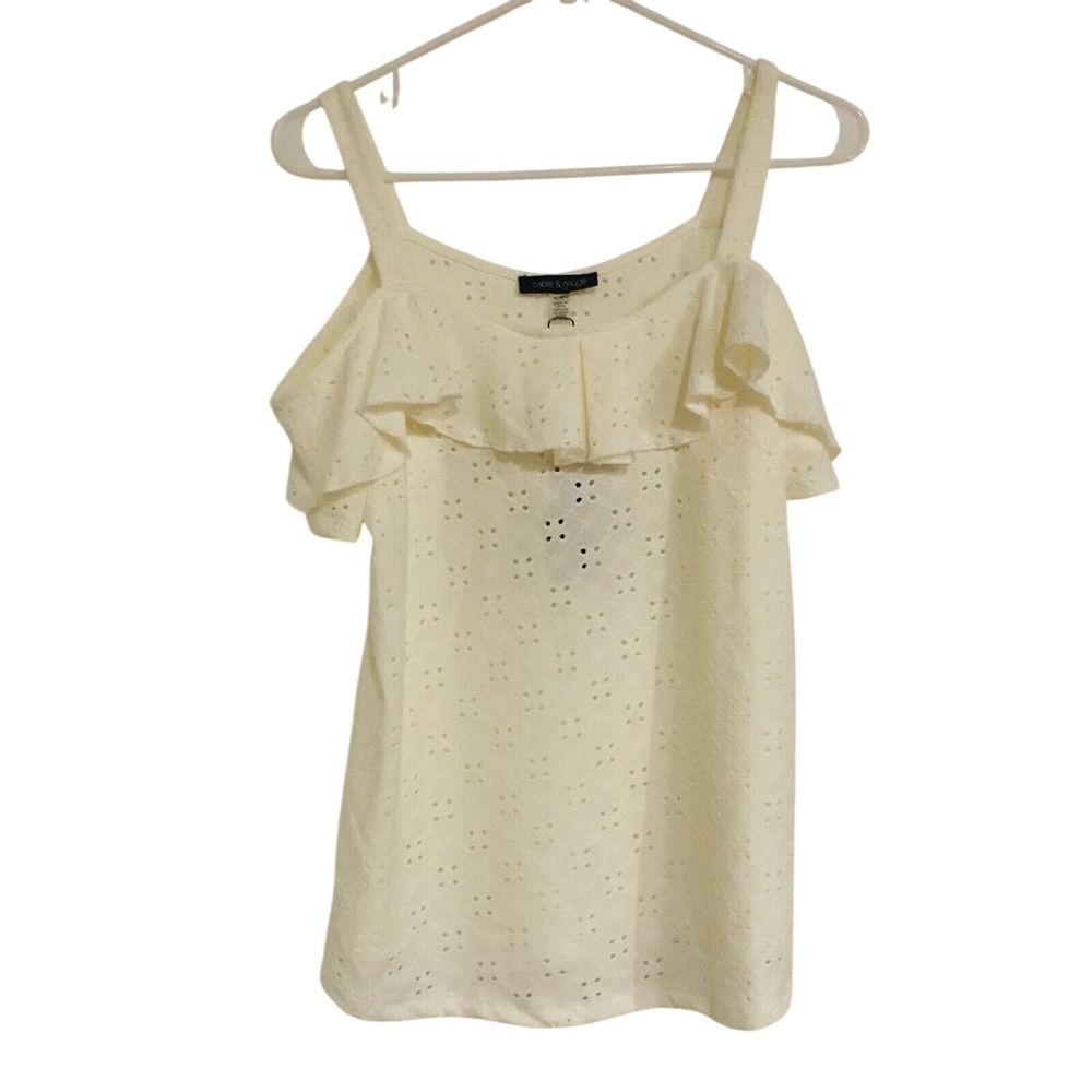 Cable & Gauge Women White Eyelet Cold Shoulder Ruffle Top CS1V477 Medium NWT